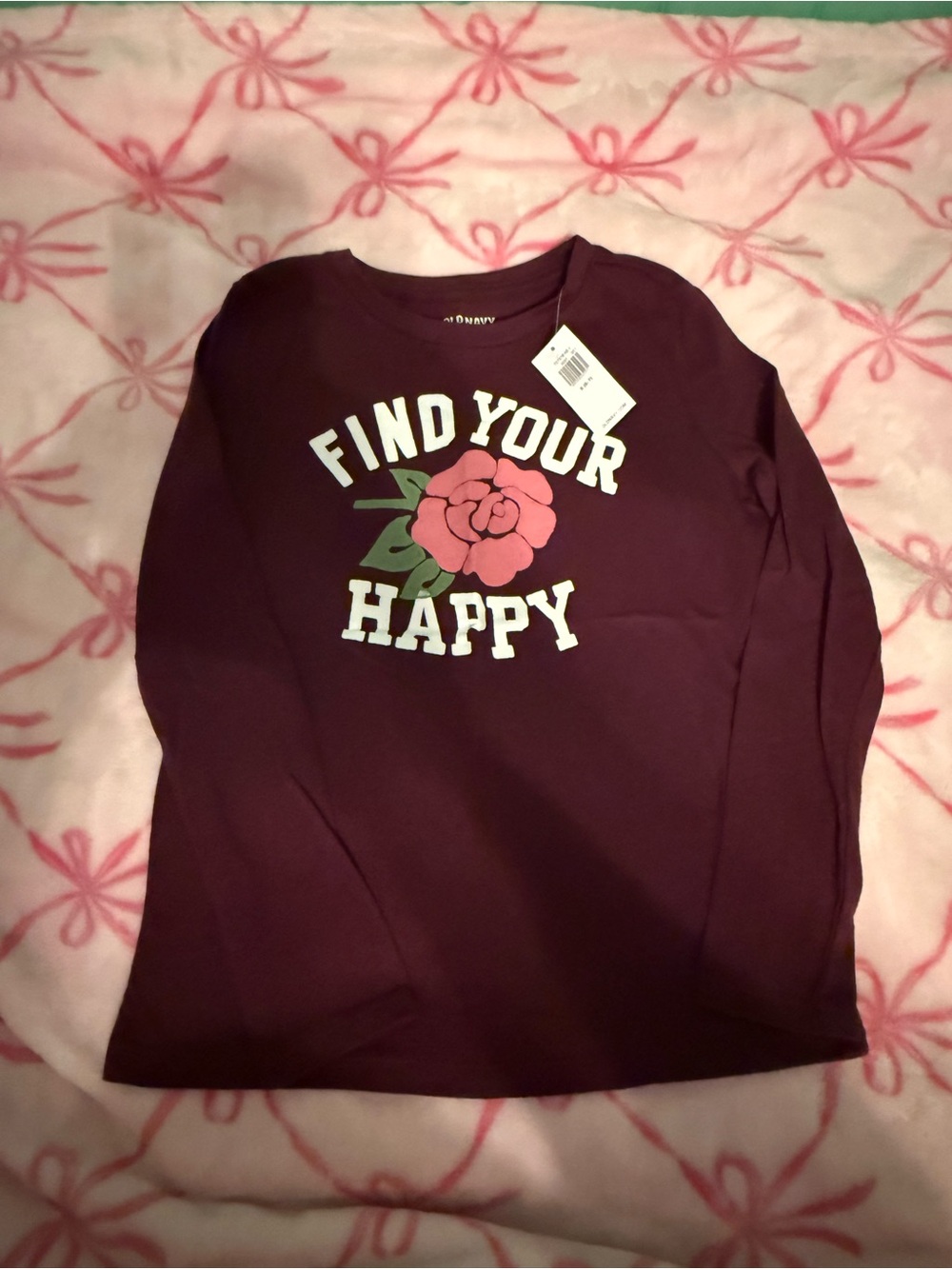 Old Navy Girls' Long Sleeve Tee - Burgundy with Pink Rose